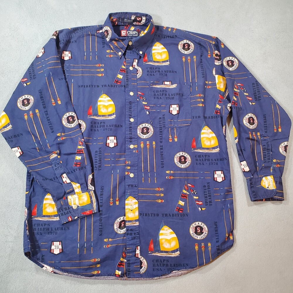Vintage Chaps Ralph Lauren Button Shirt Mens Large USA All Over Print Sail Boat